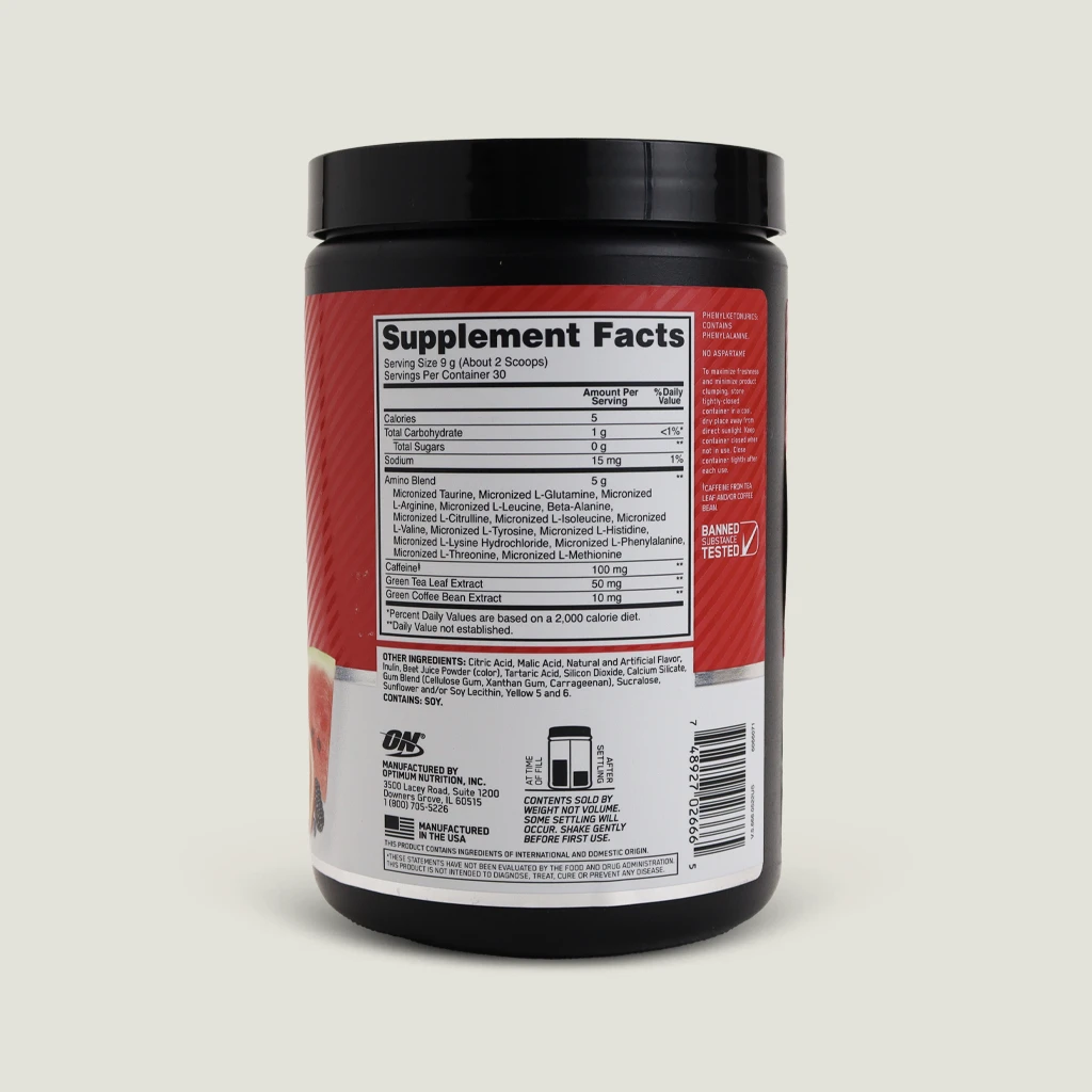 پودر آمینو انرژی (EAA) اپتیموم نوتریشن طعم دار | Optimum Nutrition Essential Amino Energy 10 ارزش غذایی مکمل آمینو EAA اپتیموم طعم چند میوه