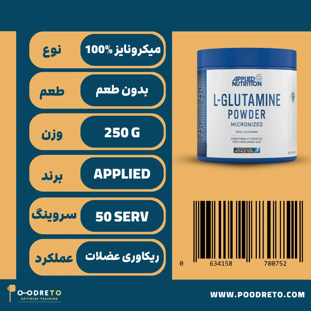 پودر گلوتامین اپلاید نوتریشن بدون طعم | Applied nutrition l-glutamine micronized 1 مکمل گلوتامین applied نوتریشن 250 گرم