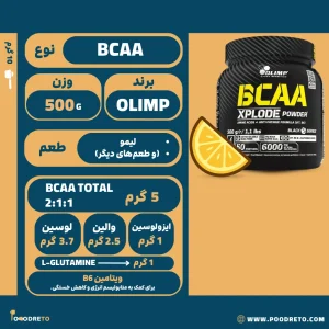 بی سی ای ای اکسپلود الیمپ (OLIMP)، پودر BCAA (5 گرم) با نسبت 2:1:1، غنی‌شده با ال-گلوتامین و ویتامین B6، 50 سروینگ.