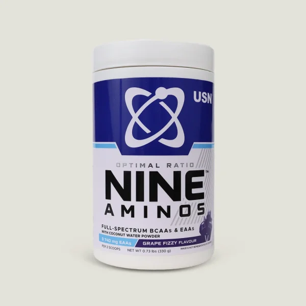 آمینو-ناین-یواس-ان-۳۳۰-گرم-طعم-انگور-۳۰-سروینگ مکمل آمینو اصلی USN Nine Aminos با طعم انگور و الکترولیت