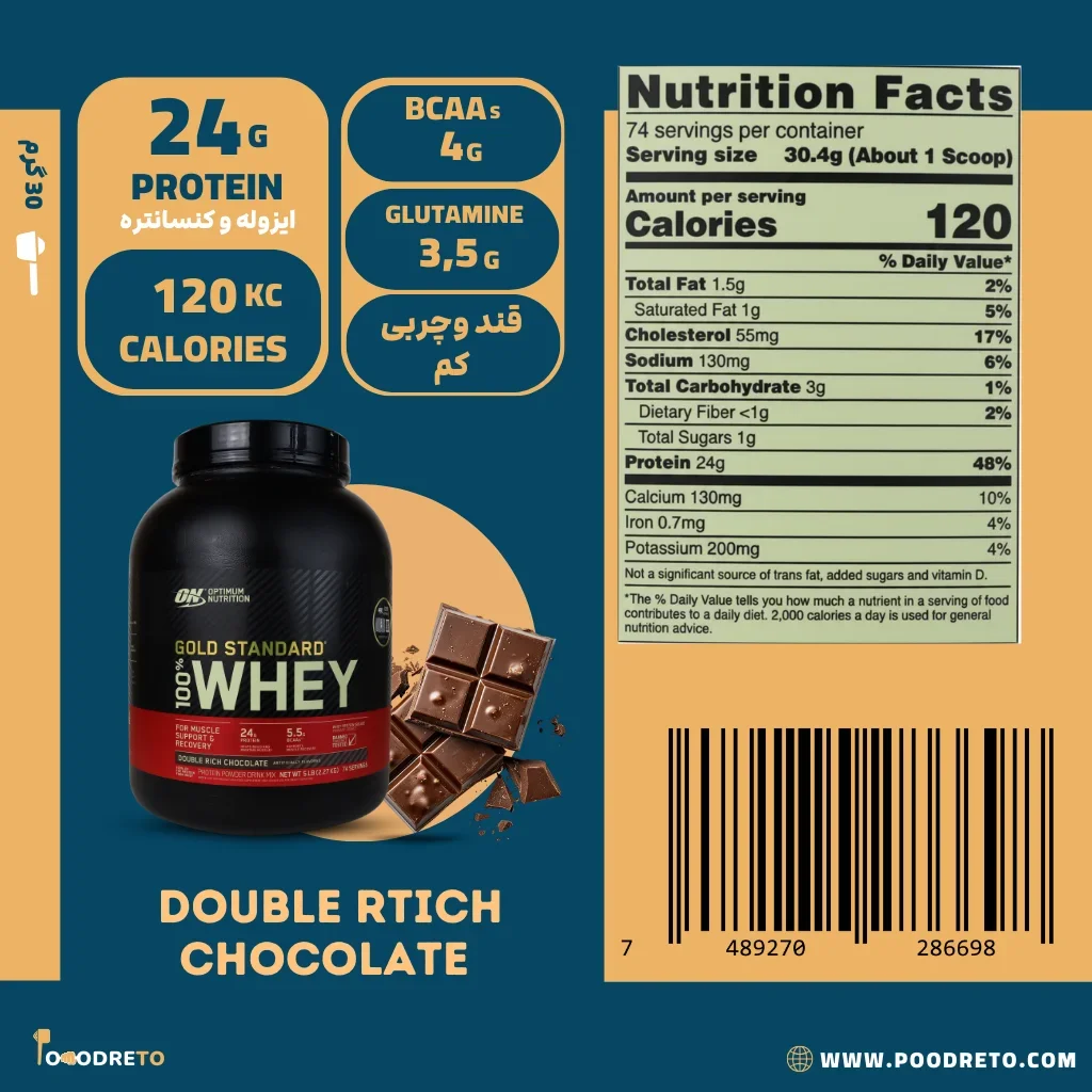 مشخصات پروتئین وی او ان گلد استاندارد طعم شکلات