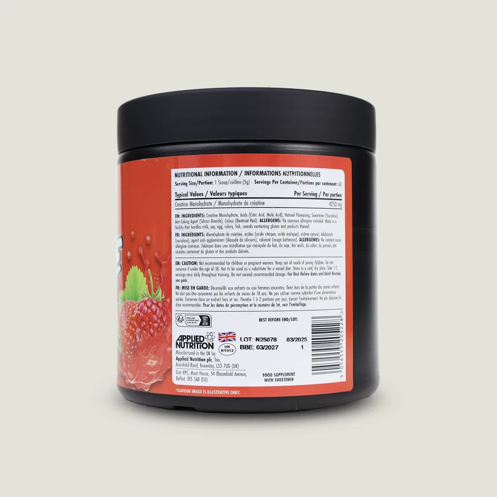 کراتین مونوهیدرات طعم دار اپلاید | Applied Nutrition Monohydrate Creatine flavored 4 ارزش غذایی کمل بادی فیول اپلاید نوتریشن 300 گرم کراتین طعم دار طرح جدید