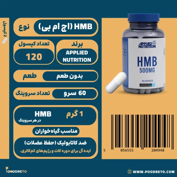 اچ ام بی اپلاید ناتریشن 120 عددی | Applied Nutrition HMB 500MG 1 کپسول اچ ام بی اپلاید نوتریشن (Applied Nutrition)، 120 عدد با 1000 میلیگرم HMB در هر سروینگ، مناسب گیاهخواران و ضد کاتابولیک.