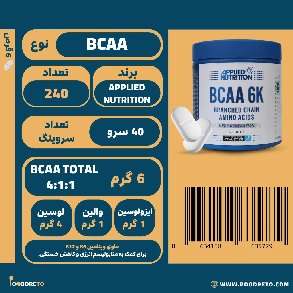 قرص BCAA 6K اپلاید نوتریشن، 240 عدد با 6 گرم BCAA در نسبت قدرتمند 4:1:1 (4 گرم لوسین)، حاوی ویتامین B6 و B12.
