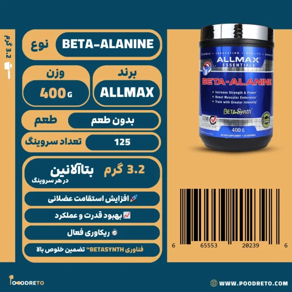 بتا آلانین اسنشالز آلمکس 400گرم | ALLMAX ESSENTIALS Beta Alanine 1 پودر بتا آلانین اسنشالز آلمکس (AllMax)، 400 گرم با 3.2 گرم دوز فعال در هر سروینگ، 125 سروینگ، مناسب افزایش استقامت.