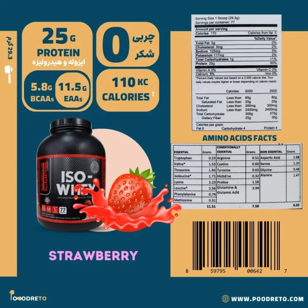 پروتئین ایزو-وی ماسل کور (ISO-WHEY) – ایزوله و هیدرولیزه 1 مشخصات پروتئین ایزو وی او ان ماسل کور طعم توت فرنگی
