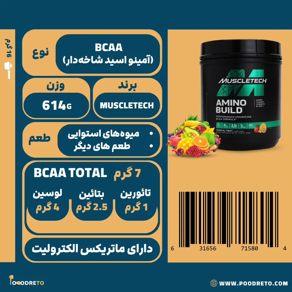 آمینو بیلد ماسل تک طعم دار | MuscleTech Amino Build 1 آمینو بیلد ماسل تک، BCAA دوز بالا (7 گرم)، شامل 4 گرم لوسین و 2.5 گرم بتائین برای افزایش قدرت.