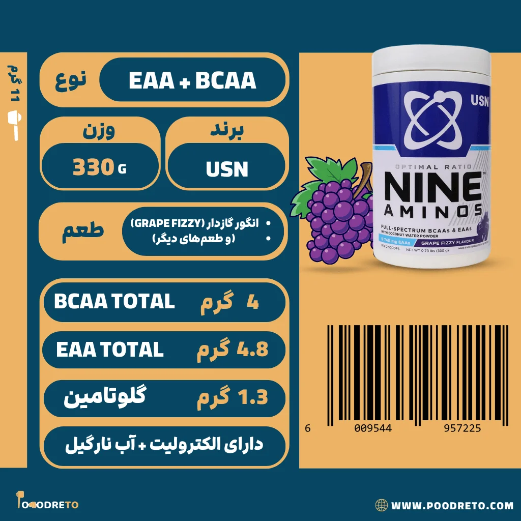 مکمل آمینو ناین یو اس ان 330 گرم با 4 گرم bcaa و 4.8 گرم eaa