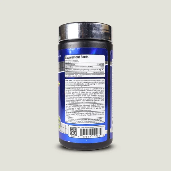 ال کارنیتین ال-تارترات آل مکس (۱۲۰ کپسول) | ALLMAX L-CARNITINE+ TARTRATE 1 تصویر جدول حقایق مکمل L-Carnitine Tartrate ALLMAX با 400% ویتامین B5