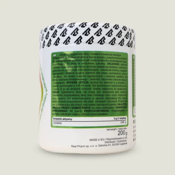سیترولین مالات ریل فارم 200 گرم | REAL PHARM CITRULLINE 3 سیترولین مالات ریل فارم با ۶۶ سروینگ و ۳ گرم دوز روزانه