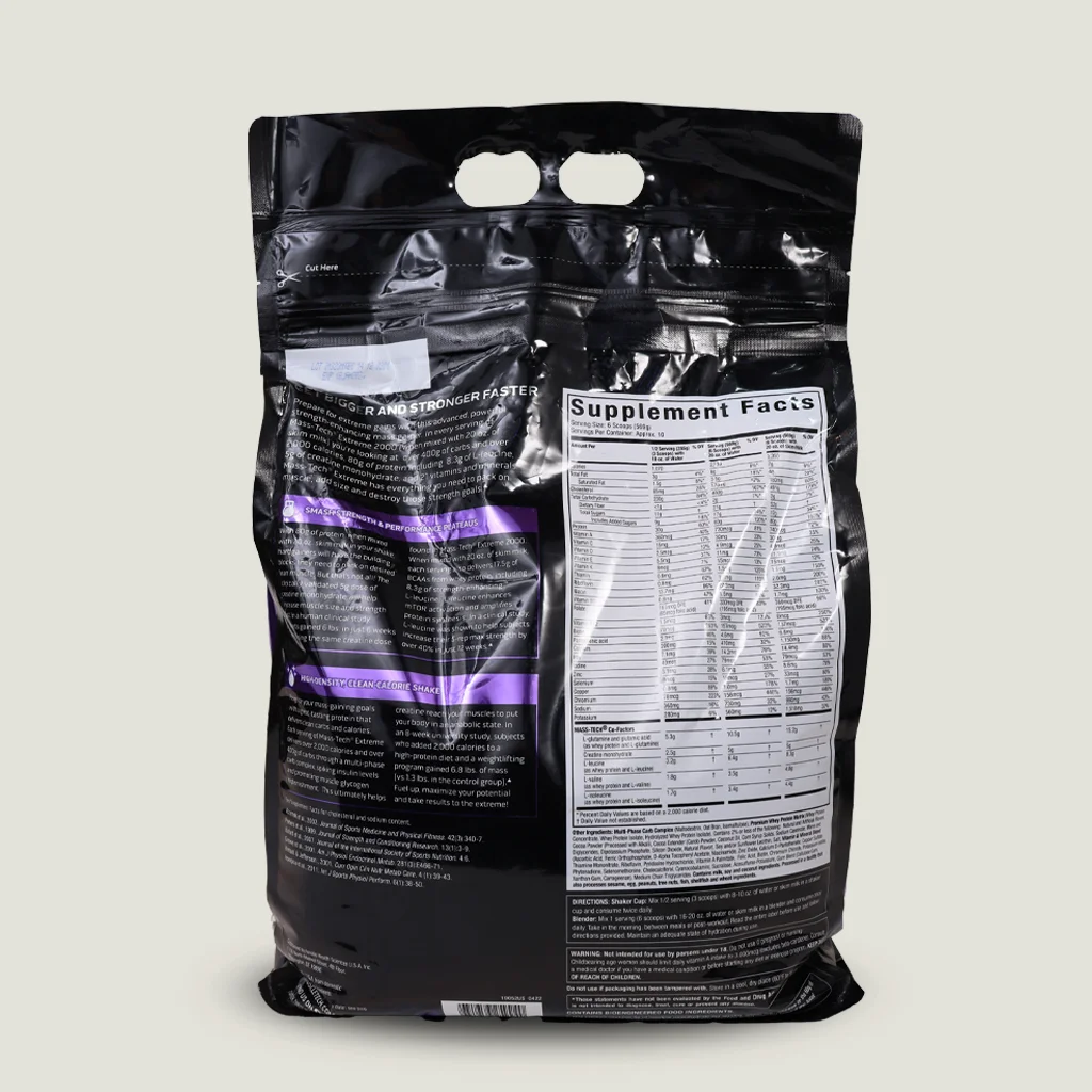 جدول حقایق گینر مس تک اکستریم کیسه ای با ۲۳۵۰ کالری و ۴۰۹ گرم کربوهیدرات