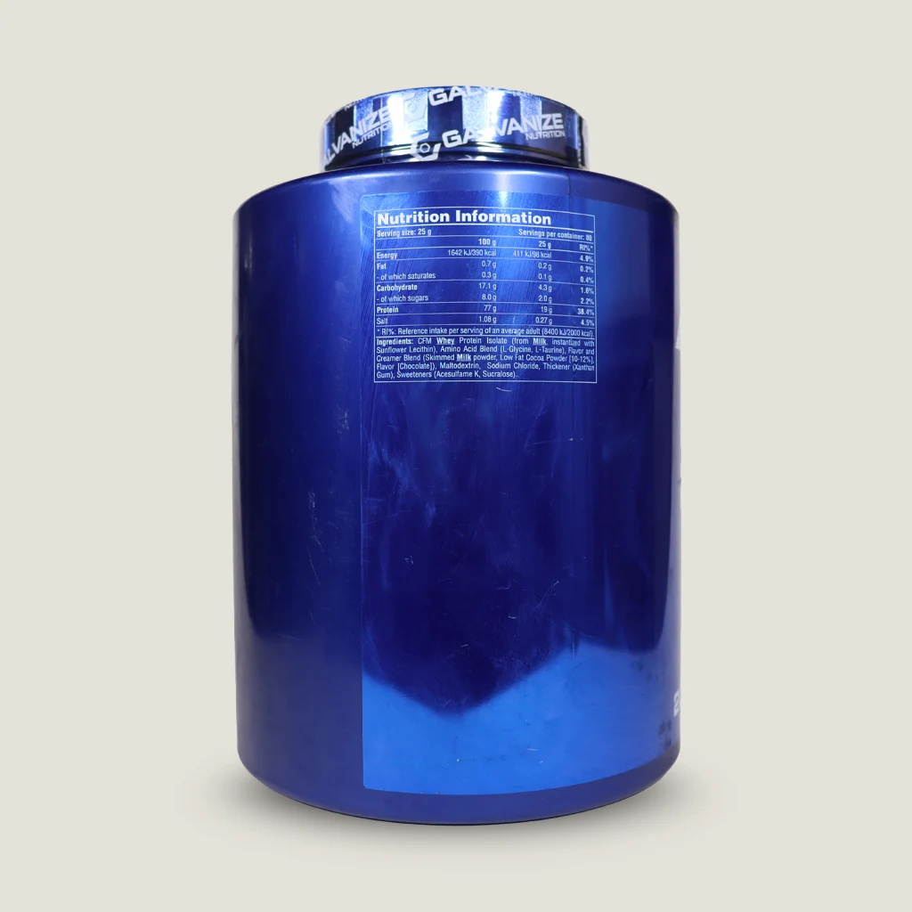 پروتئین وی ایزوله 100٪ کروم گالوانیز نوتریشن | Galvanize 100 Isolate CFM 1 . پروتئین Galvanize Isolate با 19 گرم پروتئین و 4.3 گرم کربوهیدرات