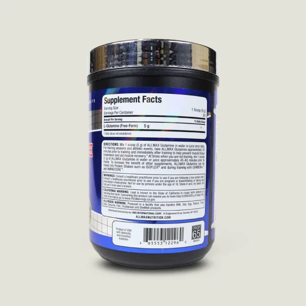 گلوتامین آل مکس نوتریشن (400 گرم) | ALLMAX ESSENTIALS GLUTAMINE 1 تصویر جدول حقایق گلوتامین ALLMAX با 80 سروینگ و فاقد گلوتن