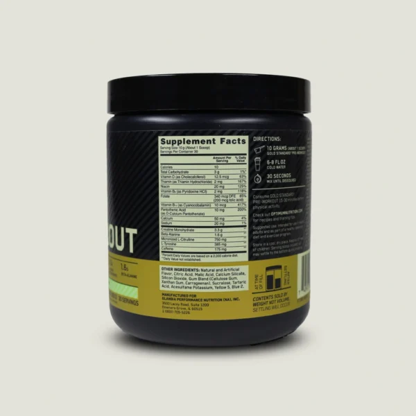 پمپ گلد استاندارد اپتیموم نوتریشن 300گرم | ON Gold Standard Pre-workout 1 جدول ترکیبات دقیق پمپ اپتیموم حاوی ۱۷۵ میلیگرم کافئین و ۳.۳ گرم کراتین