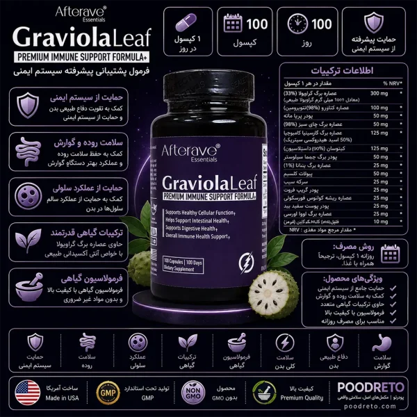 کپسول تقویت سیستم ایمنی گراویولا لیف افترایو | Afterave Graviola Leaf 1 اطلاعات کامل کپسول برگ گراویولا افتر ایو اصلی