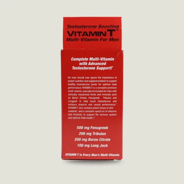 ویتامین تی ماسل مدز ۹۰ عددی | MuscleMeds Vitamin T Testosterone Boosting 3 توضیحات پشت جعبه مکمل ویتامین تی ماسل مدز در مورد پشتیبانی پیشرفته از تستوسترون و مقادیر شنبلیله، تریبولوس، بورون و لانگ جک