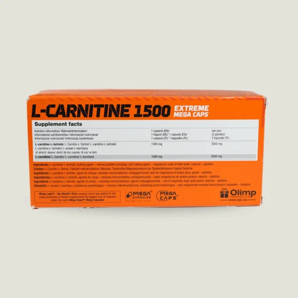 کپسول ال کارنیتین ۱۵۰۰ اکستریم مگا کپس الیمپ ۱۲۰ عددی | Olimp L-Carnitine 1500 2 جدول مشخصات تغذیهای ال کارنیتین ۱۵۰۰ الیمپ شامل میزان ال-کارنیتین ال-تارتارات و ال-کارنیتین خالص در یک و دو کپسول