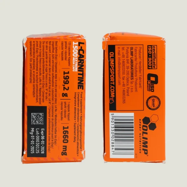 کپسول ال کارنیتین ۱۵۰۰ اکستریم مگا کپس الیمپ ۱۲۰ عددی | Olimp L-Carnitine 1500 4 نمای جانبی جعبه ال کارنیتین ۱۵۰۰ الیمپ شامل وزن کل ۱۹۹.۲ گرم، وزن هر کپسول ۱۶۶۰ میلیگرم و تاریخ انقضا و سری ساخت