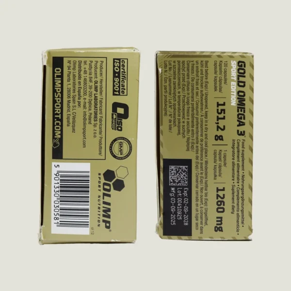 امگا ۳ گلد اسپورت ادیشن الیمپ | ۱۲۰ عددی | Olimp Gold Omega 3 3 اطلاعات پشتی و نشانهای استاندارد GMP و ISO امگا ۳ الیمپ اورجینال