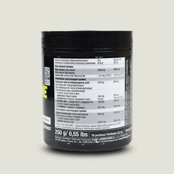 بتا آلانین اکسپلود الیمپ ۲۵۰ گرم | Olimp Beta-Alanine Xplode 1 جدول دوز و حقایق تغذیهای پودر بتا آلانین الیمپ حاوی ال-هیستیدین و ویتامین B6