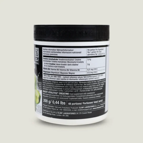 کراتین راکی اتلت الیمپ | ۲۰۰ گرم | Olimp Rocky Athletes Creatine 1 جدول دوز و حقایق تغذیهای کراتین راکی اتلتس olimp حاوی ۳ گرم کراتین خالص و منیزیم