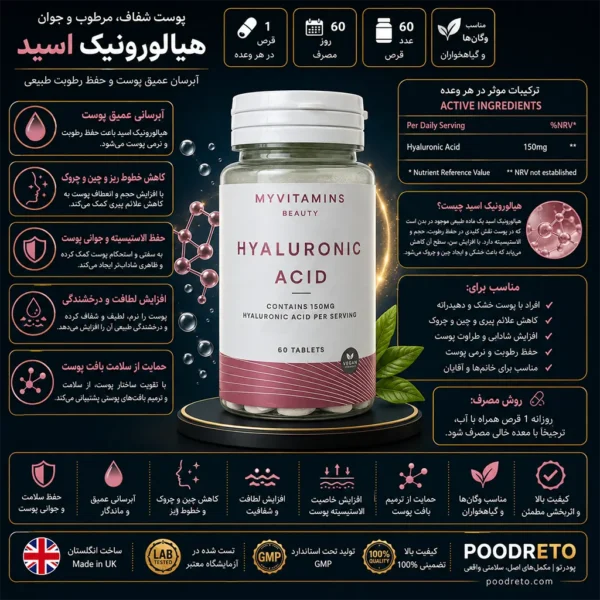 قرص هیالورونیک اسید مای ویتامینز 60 عددی | Myvitamins Hyaluronic Acid 1 قرص hyaluronic acid مای ویتامینز