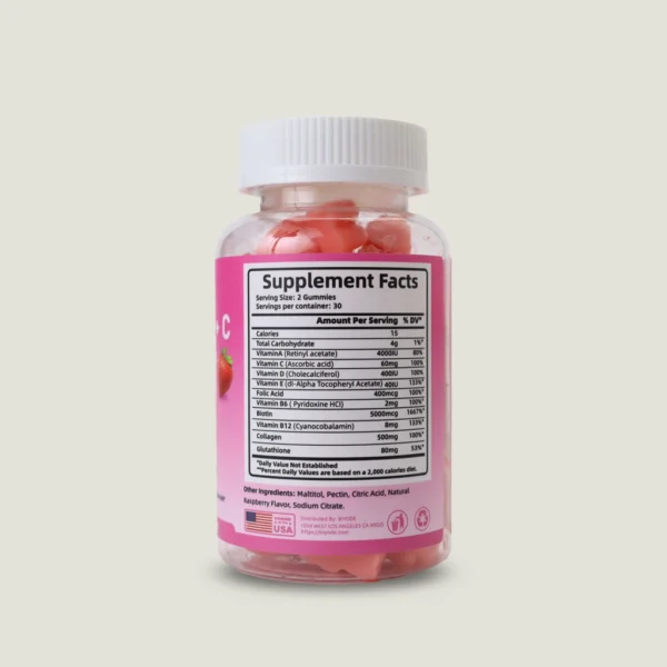 پاستیل کلاژن و ویتامین سی بیود 60 عددی | BIYODE Collagen + C 1 جدول ترکیبات، میزان بیوتین و گلوتاتیون در پاستیل کلاژن پلاس ویتامین سی BIYODE