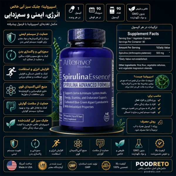 کپسول اسپیرولینا اسنس پلاس افترایو | SpirulinaEssence+ Afterave 1 اطلاعات کامل کپسول اسپیرولینا افترایو اسنشالز