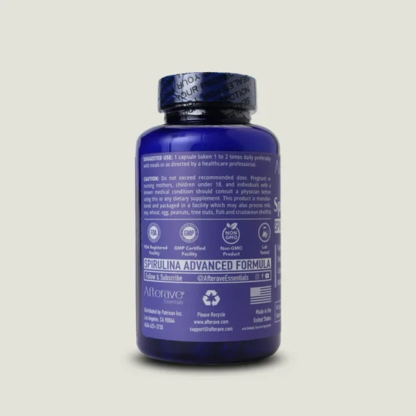 کپسول اسپیرولینا اسنس پلاس افترایو | SpirulinaEssence+ Afterave 3 دستور مصرف روزانه و هشدارهای آلرژن کپسول گیاهی اسپیرولینا آمریکایی